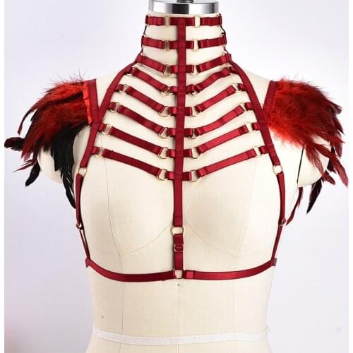 Wine Red Feather Harness Cage Bralette Epaulettes Lingerie Cosplay BurningMan Gothic Top Elastic Adjustable Shoulder Wings Strap
