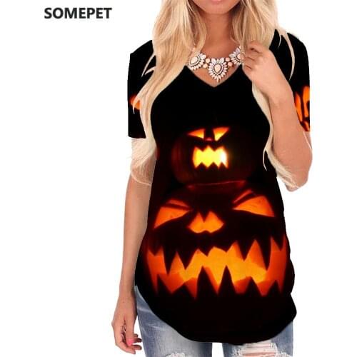 SOMEPET Halloween T Shirt Women Pumpkin Shirt Print Funny Funny T shirts Party V-neck Tshirt Womens Clothing Hip hop Casual Tops