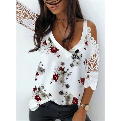 Floral Print Sexy Lace Blouse 2021 Summer V Neck Oversize Women Blouse Shirts Casual Loose Half Sleeve White Plus Size Blouse