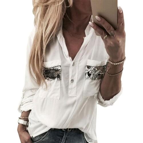 Women Loose Long Sleeve Tops Pullover Sexy V Neck Sequined Pockets Solid Shirt Female Casual European Style Blouses