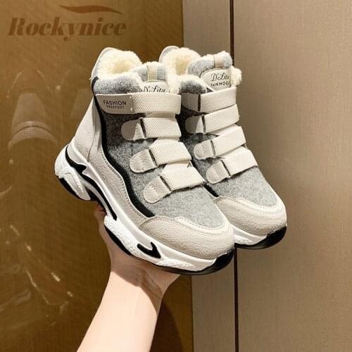 Women Snow Boots 2020 Fashion Winter Warm Ankle Boots 8CM Heels High Platform Women Chunky Sneakers Plush Warm Black Short Boots
