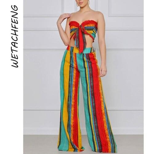 Sexy Africa Style Crop Top And Wide Leg Pants Two Piece Sets Slim Summer Suits Tie Dye Striped Outfits Plus Size Women Clothing