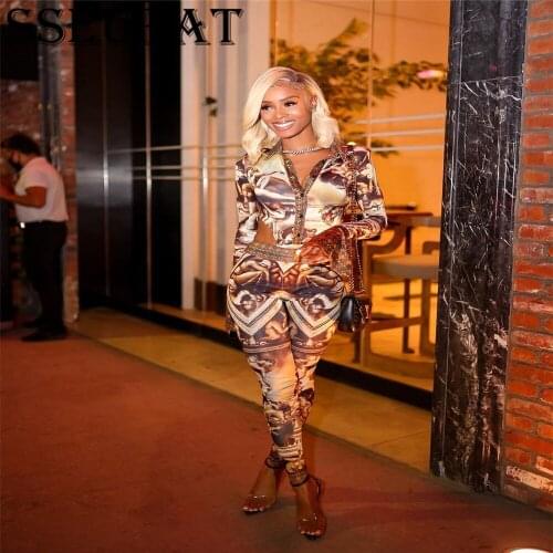 SSEURAT Women Set Print Bodysuits Pencil Pants Two Piece Sets Sexy Fashion Streetwear Autumn Tracksuits