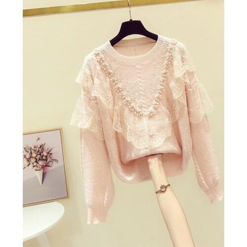 Sweet Beaded Lace Spliced Ruffled Wool Sweater Womens Autumn Winter Loose Mohair Pearls Pullovers Mink Cashmere Crop Tops 2020