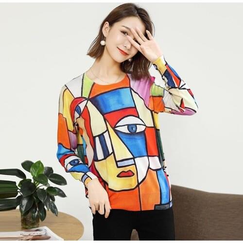 Fall Winter New Arrival Women Loose Cartoon Colorful Knitted Pullovers Long Sleeve O Neck Oversized Femme Jumpers Sueter Mujer