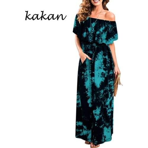 Kakan summer new womens green flower dress one word shoulder tie dyed short-sleeved long dress