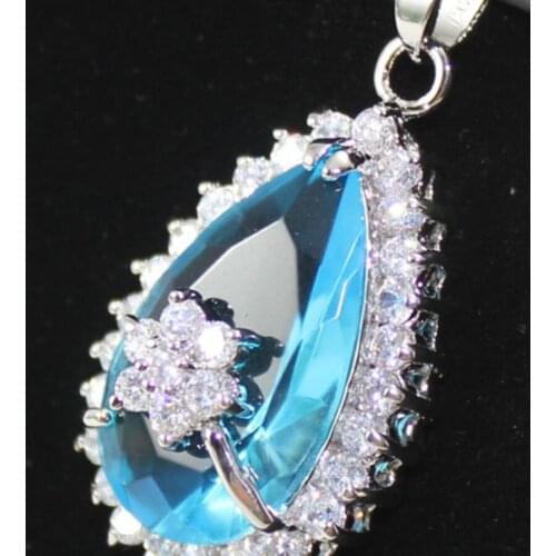 Womens fashion metal silver plated micro inlaid white water drill accessories + drop Blue Zircon Pendant Necklace