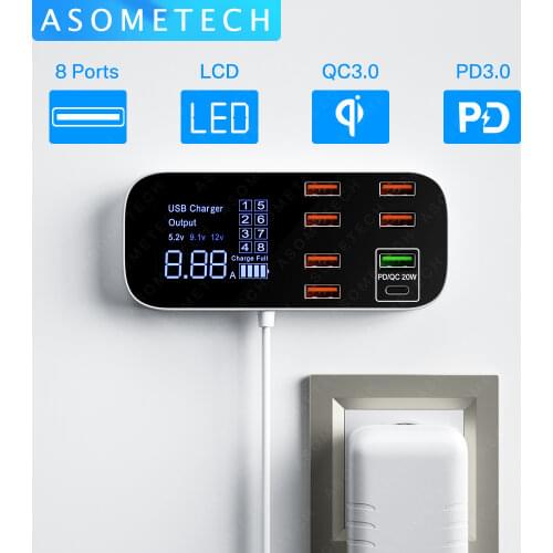 40W USB Phone Charger QC3.0 USB C Type C Fast Charger 8 Ports 2.4A Digital Display Charging Station Portable Travel Charger