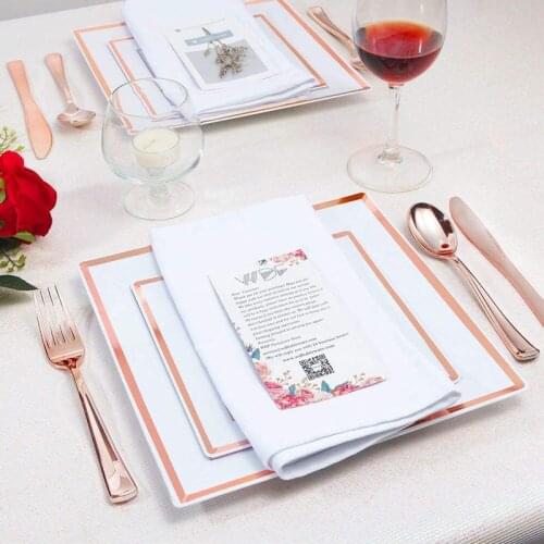 50pcs Disposable Gold Plastic Plates Silverware Golden Rim Square Plate Rose Dinnerware Set For Wedding Birthday Party Supplies