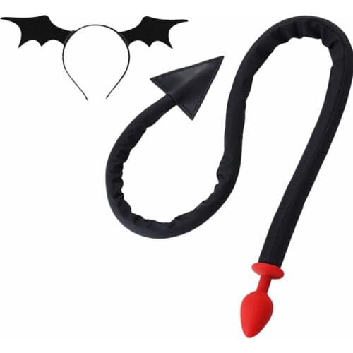 BDSM Cosplay Devil Tail Buttplug Anal Plug Long Red Horns Set