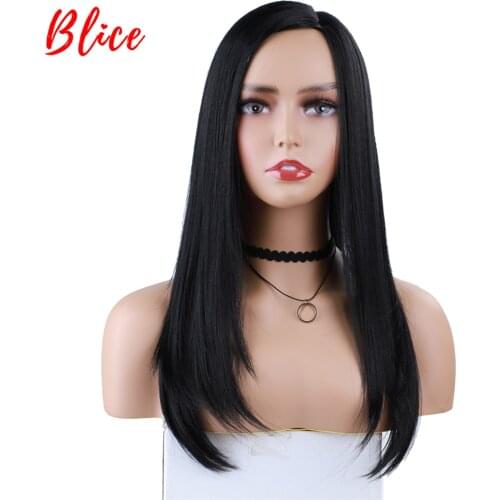 Blice Long Straight 16" Synthetic Natural Black African American Women Free Said Toppe Hair Heat Resistant Fiber Daily Party Wig