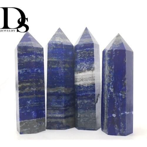 DS 4pcs Natural Lapis Lazuli Healing Quartz Crystal Point Wand Faceted Prism Carved Reiki Stone Figurine Home Decoration Gift