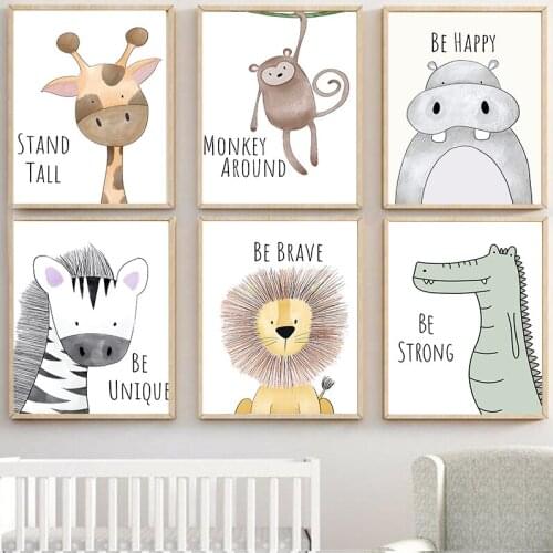 Art Canvas Painting Nordic Kid Room Decoration Picture Watercolor Woodland Baby Animal Poster Dinosaur Lion Poster Nursery Wall