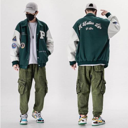 Patchwork Single Breasted Appliques Bomber Jacket Men Embroidery Fashion Baseball Uniform Casual Coat Jackets