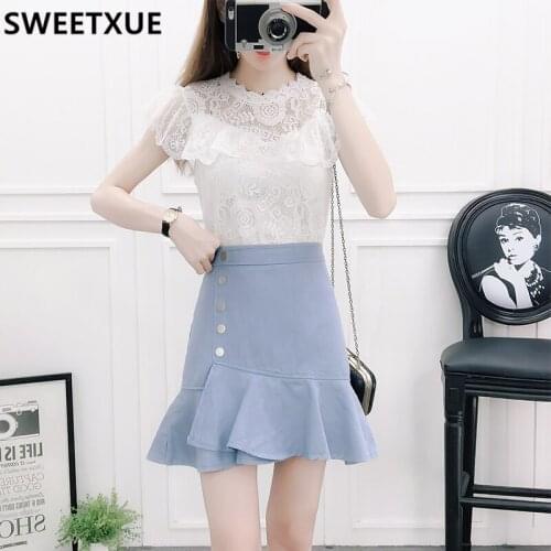 SWEETXUE Vintage Sweet Women Lace Ruffle Shirt Irregular Fishtail Single-breasted Skirt Suits 2 Pieces Set Korea Female