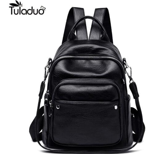 Fashion PU Leather Female Backpack Female Black Backpack Small Zipper Bag Student Girls Solid Color Multiple Back Method