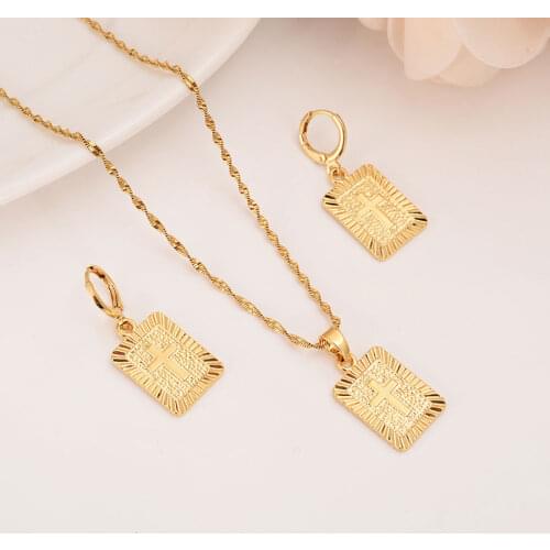 22 K 23 K 24 K Thai Baht Solid Fine Yellow Gold GF Christian Square Cross Pendant Drop Necklace Chain Earrings Sets Jesus Gift