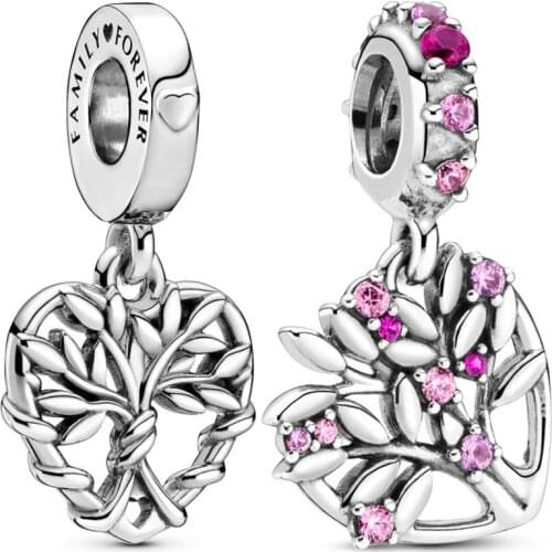 DIY Charm Openwork Pink Heart Family Tree With Crystal Pendant 925 Sterling Silver Bead Fit Fashion Bracelet Necklace Jewelry