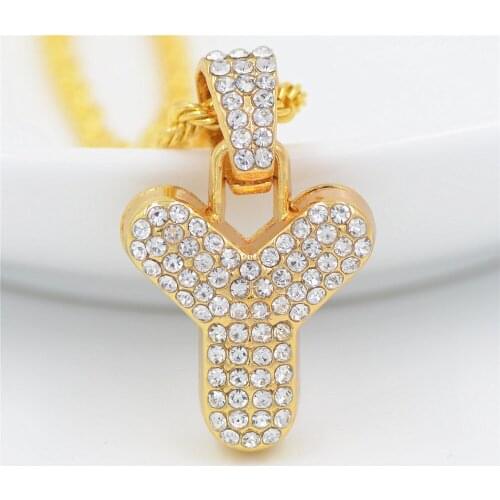 Alloy Bling Bubble Letter Iced Out Rhinestone A-Z Initial Pendant Gold Color Charm Pendant Necklace for Men
