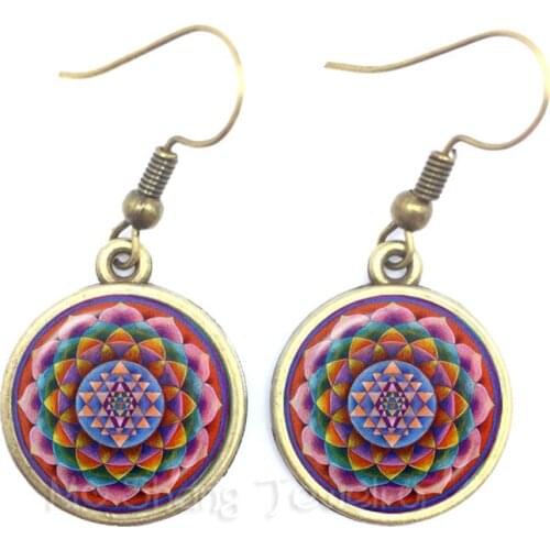 Vintage Flower of Life Earrings Mandala Elegant And Complex Pattern Drop Earrings Round Glass Dome Jewelry For Women Gift