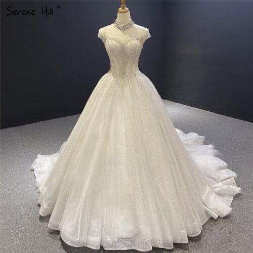 Serene Hill Dubai Luxury Ivory High-end Wedding Dress 2020 Sleeveless Beading Diamonds Sparkle Bridal Gown Custom Made CHM67114