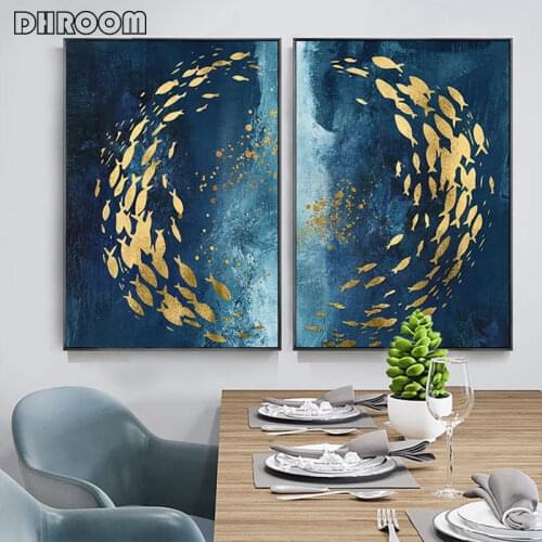 Nordic Golden Fish In Abstract Azure Sea Canvas Poster Print Nordic Decoration Painting Wall Art Picutre Modern Home Decor
