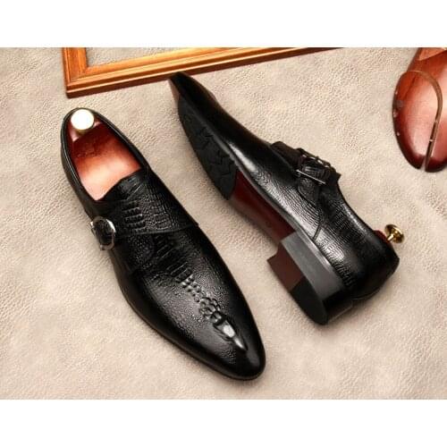 Italian buckle Genuine Leather Mens Oxford Dress Shoes Male Party Wedding Office Black brown Brogue Formal Shoes