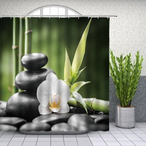 Zen Style Shower Curtains Spa Black Stones Flower Candle Green Bamboo Plant Leaf Bathroom Decor Waterproof Cloth Curtain Set