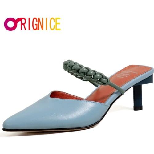 Orignice Women Woven Mules Kitten Heels Pointed Toe Pumps Mixed Color Summer Slippers High Quality Cow Leather Dress Shoes