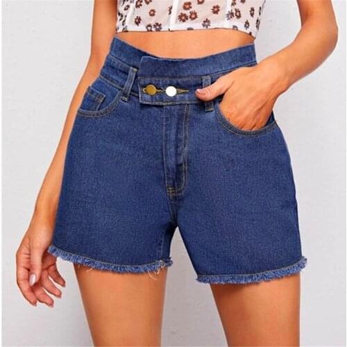 Blue High Waist Straight Casual Denim Shorts Women 2021 Summer New 100% Pure Cotton Solid Color Tassel Pockets Jeans Shorts lady