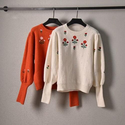 Korean Style Womens High Quality 82% Wool floral embroidery sweaters top Autumn pullovers C935