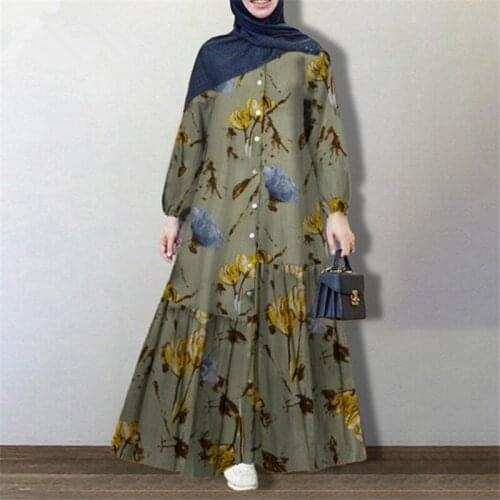 Morocco Long Maxi Dress Women Spring Muslim Dress Kaftan Print Dress Vintage Loose Casual Long Sleeve Sundress Plus Size Vestido
