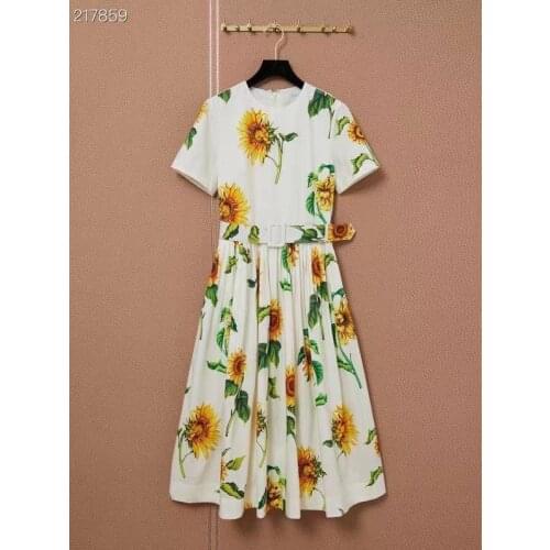 New 2021 Women Summer Fashion Runway A-Line Dress Short Sleeve Sunflower Print Belt Ladies Midi Hot Dress