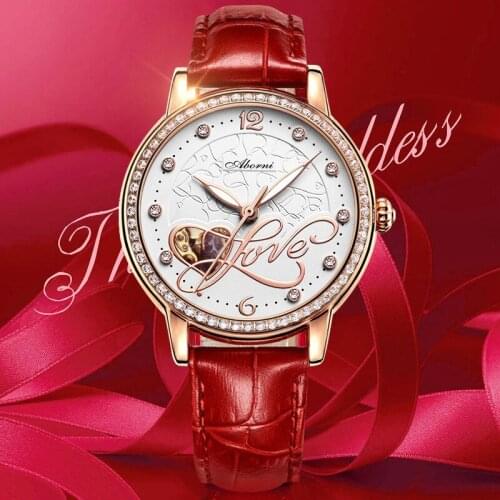 2021 Watch Machanical Automatic Woman Red Love Leather Band Female Relogio Masculino Lady