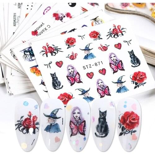 24 Pcs 3D Tips Decorations Halloween Bat Witch Nail Art Design Water Transfer Sliders Decals For Nail Sticker
