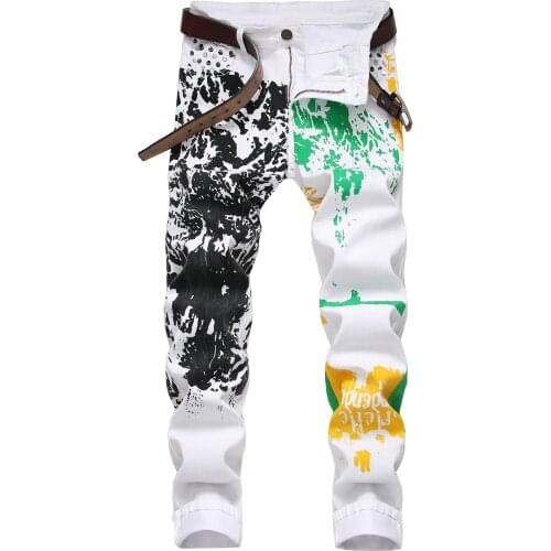 White Print Jeans Fashion High Stetch Cotton Colored drawing Slim Fit pants Mens leisure trousers size 28-42