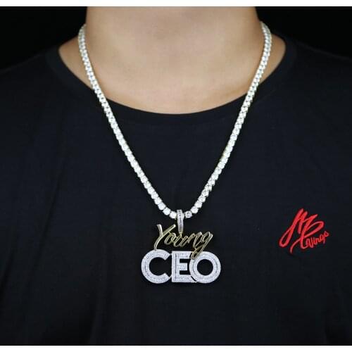 Bling cz paved tennis chain rope chain with letter CEO charm pendant necklace jewelry for men hip hop necklace wholesale