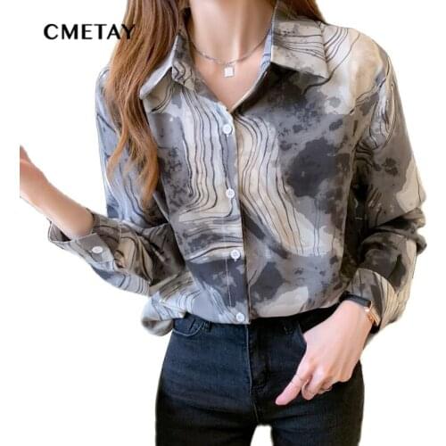 Ol Style Printing Shirts For Women Turn-Down Collar Retro Women Blouse Tops Elegant Office Female Tops Blusas Femme 2021 Autumn