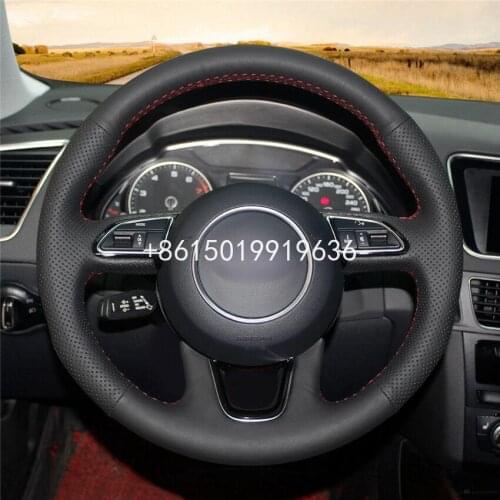 Top Black Leather Car Steering Wheel Hand-stitch on Wrap Cover For Audi Q3 Q5 2013 2014