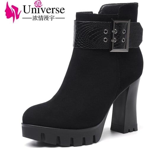 Universe kid suede ankle boots chunky high heel square heel shoes women round toe ladies boots women winter boots G335