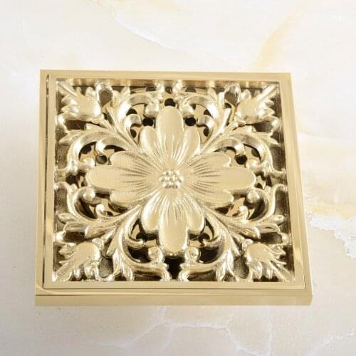 Shower Drains Square Bath Drains Strainer Hair Gold Color Brass Art Carved Bathroom Floor Drain Waste Grate Drain zhr055