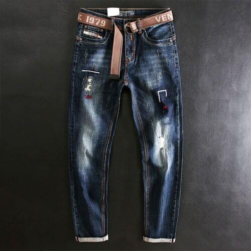 Newly Street Style Fashion Men Jeans Retro Dark Blue Elastic Slim Fit Ripped Jeans Men Embroidery Designer Hip Hop Denim Pants