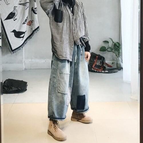 Vintage Patch Wide Leg Jeans Woman Autumn Winter New Loose Casual Ankle-Length Pants Streetwear Elastic Waist Denim Pants Women