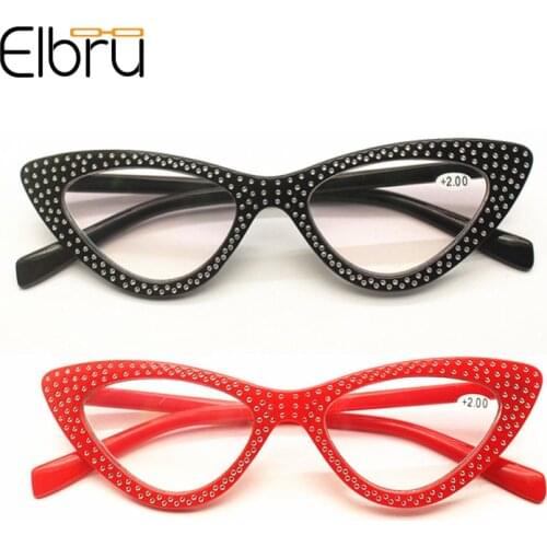 Elbru Women Cat Eye Reading Glasses Women Rhinestone Decoration Ultralight Resin Frame HD Lens Presbyopic Eyewear +1.0 to +3.5