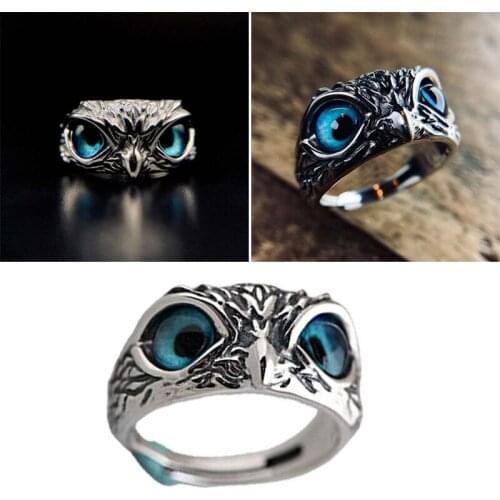 Ancient Owl Open Ring Blue Eyes Silver Color For Women Hiphop Crystal Demon Eye Owls Adjustable Rings Vintage Men Jewelry Rings