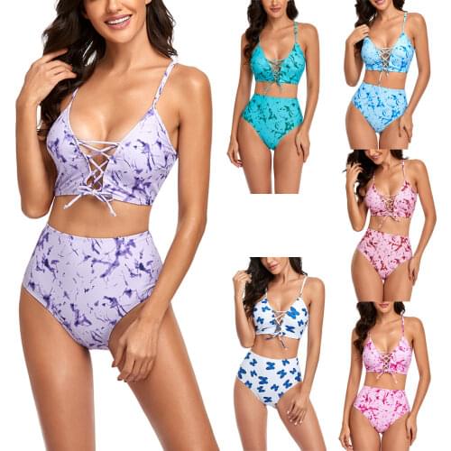 Two Piece Tie-dyed/ Butterfly Printed Swimwear Women Swimming Clothes Set Tie Up Bikini Tops Shorts Bathing Suit