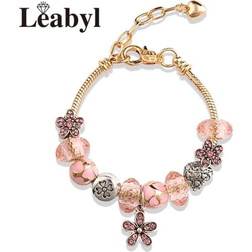 Leabyl Classic Pink Crystal Flower Charm Bracelets for Women Girl Rose Gold Color Adjustable Lobster Bead Bracelet Fashion Gift