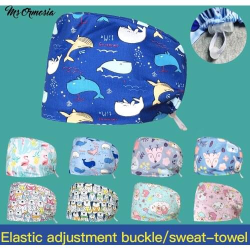 Medical Scrubs Cap with Sweat-absorbent Animal Print Pet Grooming Doctor Work Hats Elastic Buckle Health Service Nurse Scrub Hat