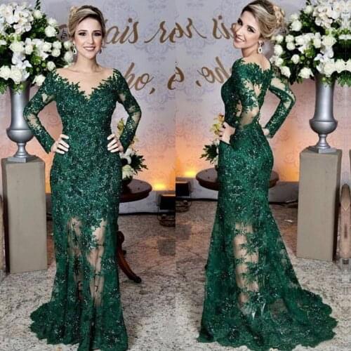 Weilinsha Mother of The Bride Dresses Long Illusion Sleeve Vintage Dark Green Lace Appliques Mermaid Formal Gowns For Wedding