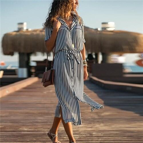 Women Maxi Dress Casual Ladies Long Dresses Summer Fashion Button Split Striped Women Dress Sundress Beach Ladies Party Dresses